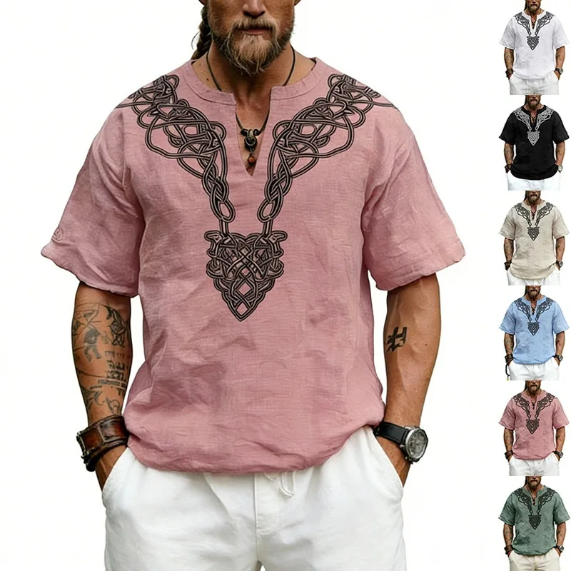 Vintage Celtic Knot V-Print Slub-Leinen-T-Shirt, sommerliches, lässiges Kurzarmshirt