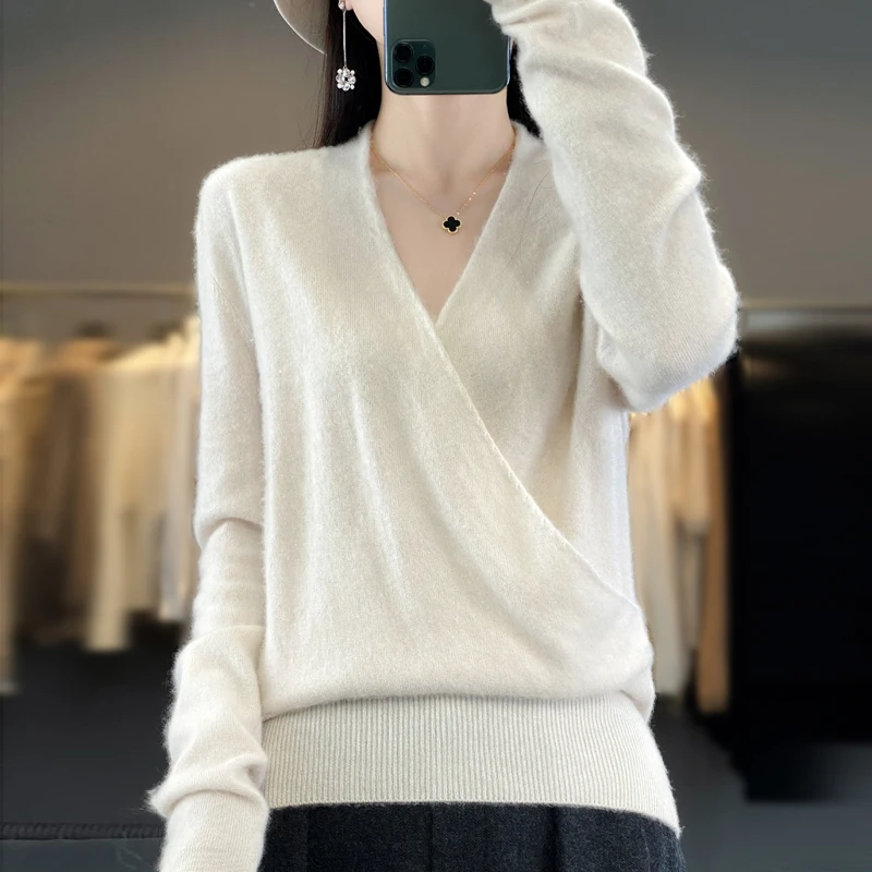 2024 new 100% pure wool women\'s V-neck knitted bottoming shirt blouse explosion cashmere sweater in autumn and winter