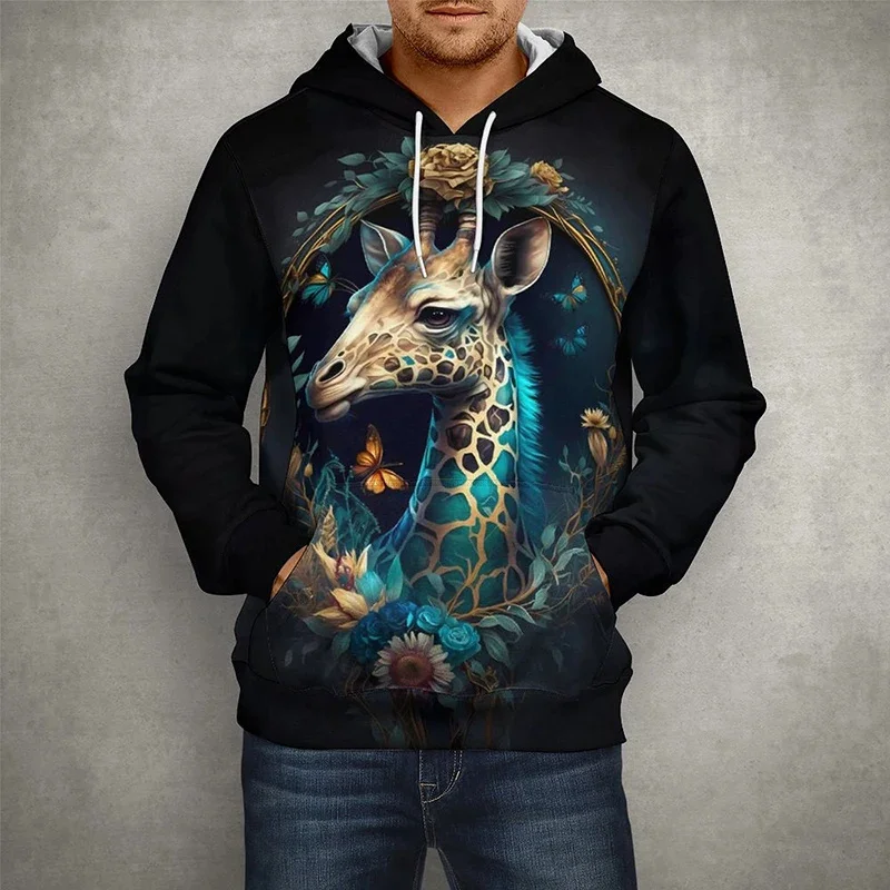 Giraffe Cat Pattern Hoodie For Men Funny Animal 3D Printed Long Sleeves Casual Pullover Streetwear Tops Hoodies Loose Sweatshirt