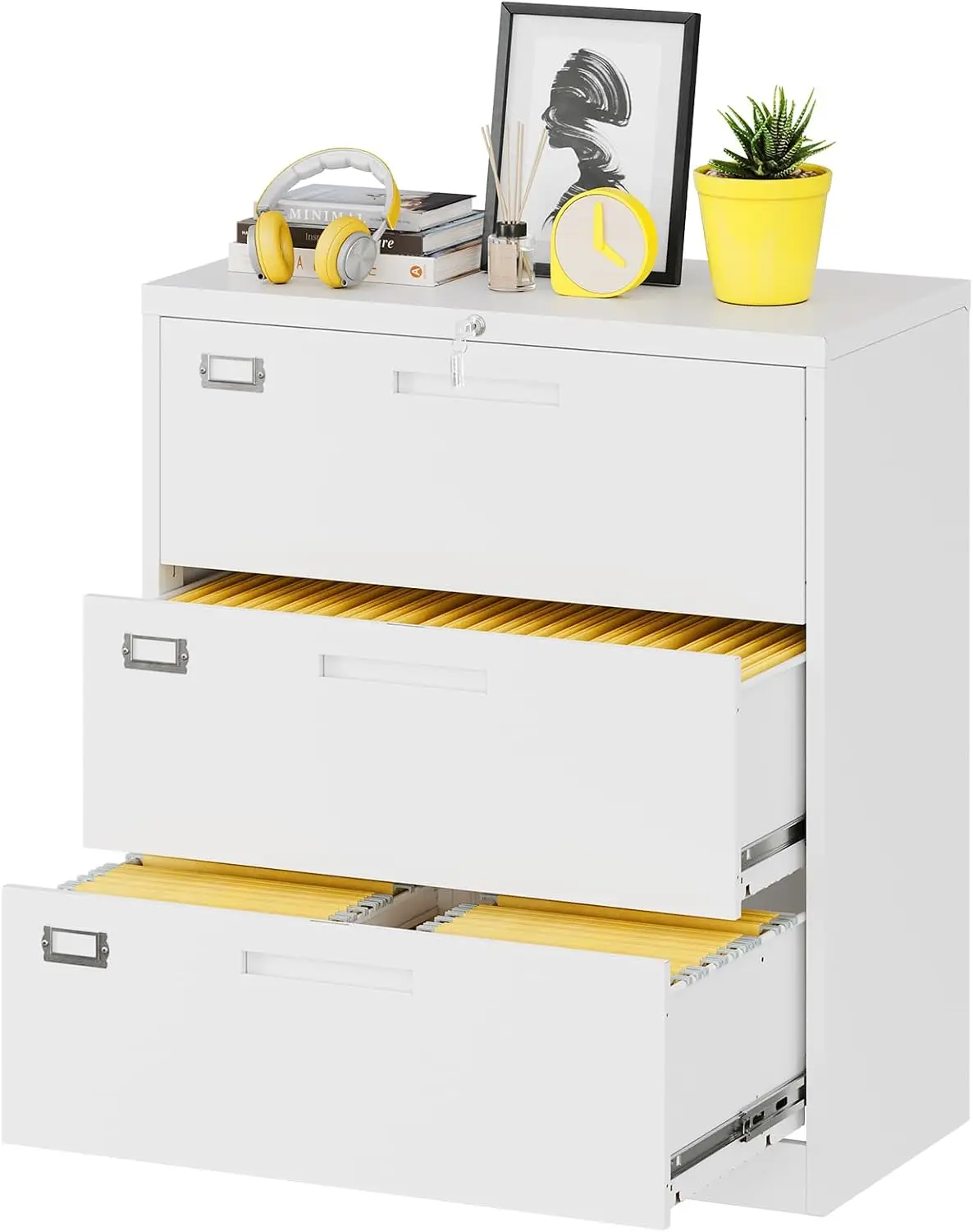Lateral File Cabinet, Three Drawer Metal Filing Organizer, Home Office Storage Credenza, Lockable Security System For Hanging Folders, Modern Industrial Style, Black, Single Unit