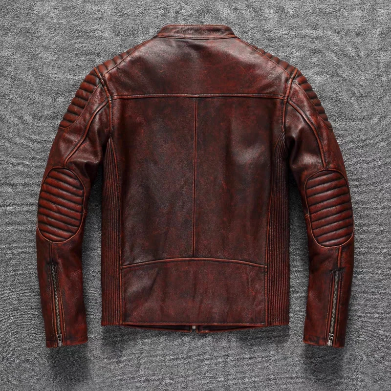 Retro Top Layer Cowhide Motorcycle Leather Jacket Reddish Brown Leather Cycling Suit Men's Slim Short Coat