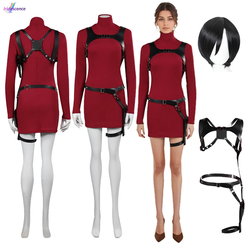 

Ada Wong Cosplay Costume Wig Female Red Dress with Belt Outfits Adult Women Girls Halloween Carnival Party Disguise Suit Uniform
