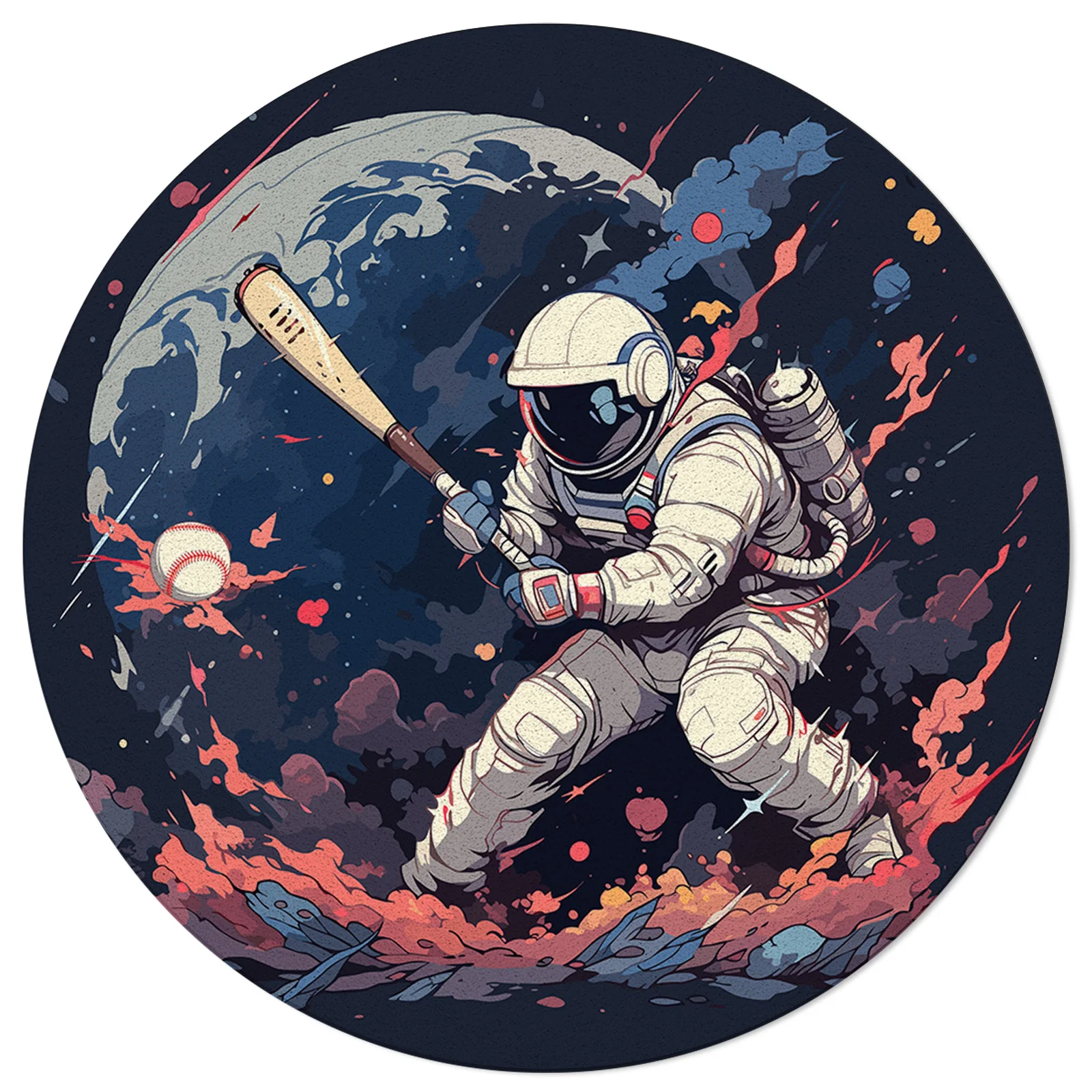 Sporty Astronaut Baseball Watercolor Round Area Rug Carpets for Living Room Large Floor Mat Home Bedroom Kid Room Decoration