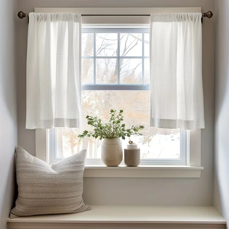 2PC  Solid Cream Blackout Half Curtain, Rod Pocket Pleated for Kitchen & Bathroom Narrow Windows