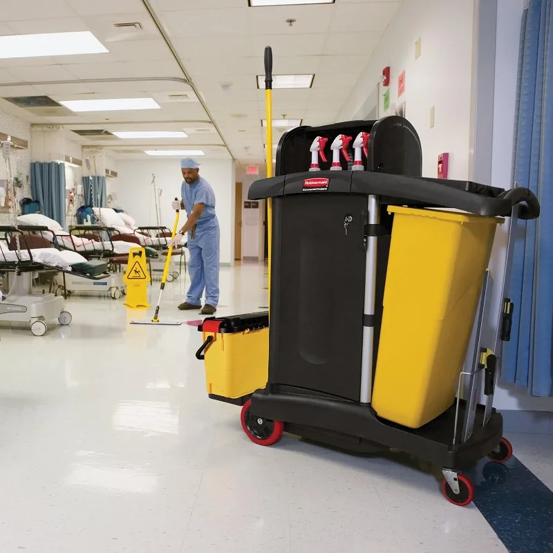 High Security Housekeeping Janitorial Cart with Wheels, Yellow Vinyl Bag, Locking Hood and Cabinets for Commercial Facilities