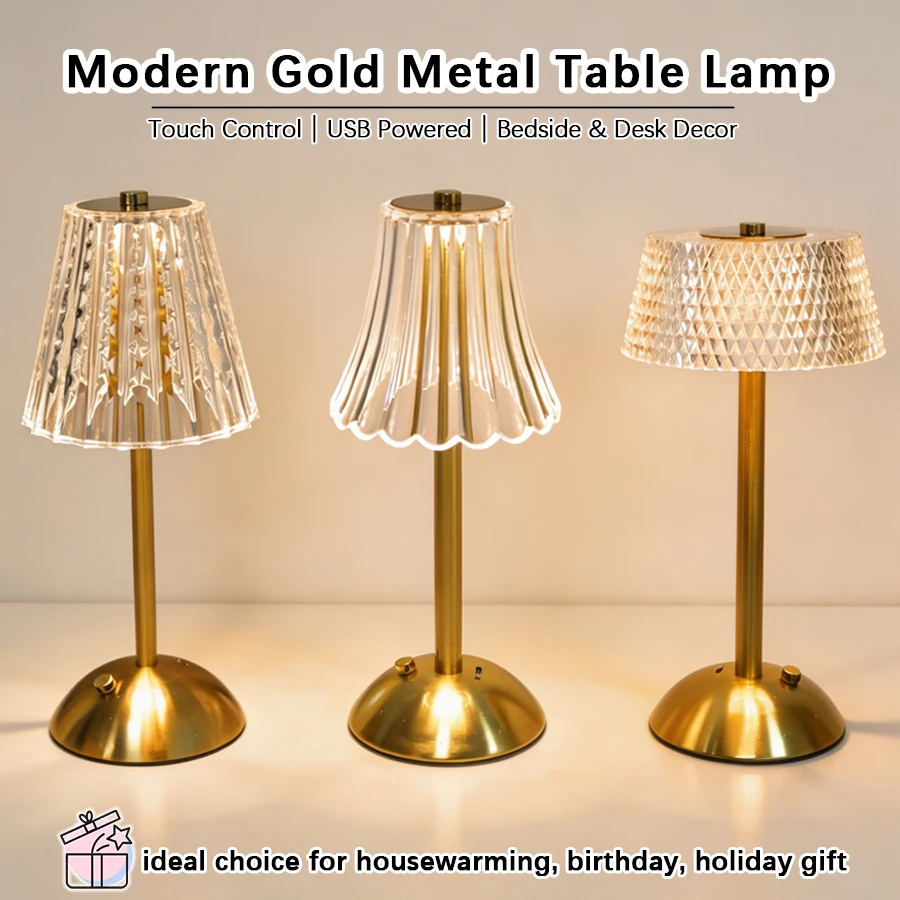 1pc Modern Gold‑Tone Metal LED Table Lamp, Pleated Fabric Shade Touch Control USB Bedside Lamp, Gift for Bedroom & Living Room