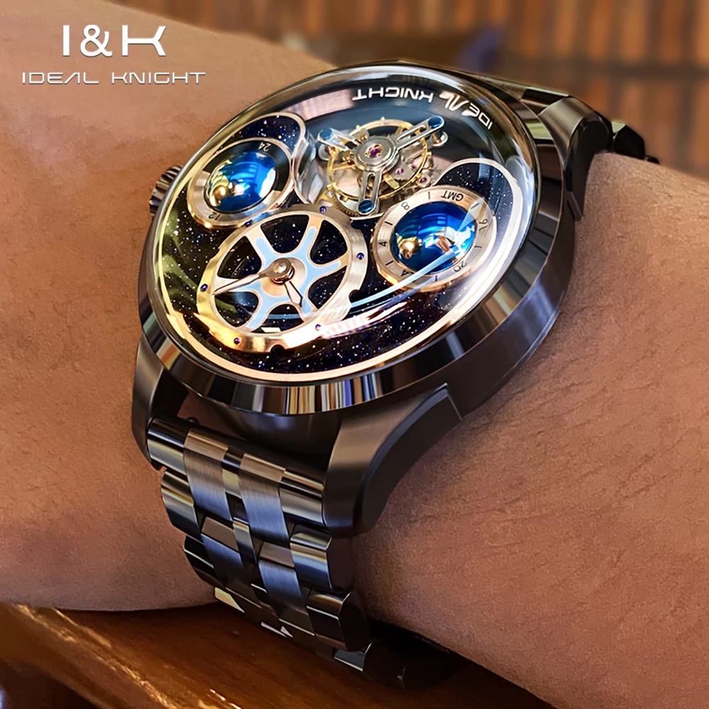 IDEAL KNIGHT 6805 Official Genuine Tourbillon Automatic Watch for Men Black Steel TOP Wristwatches Hollow Out Waterproof Clock