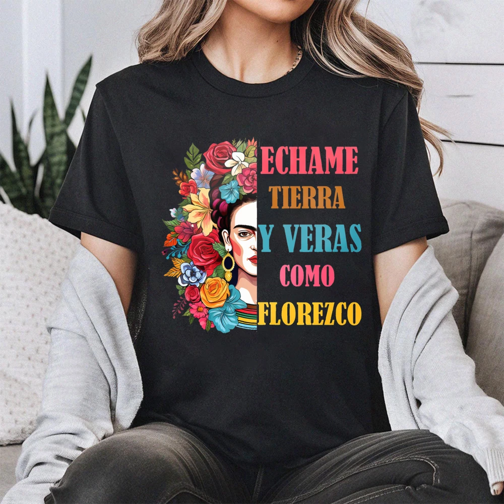 Camiseta con estampado floral de Frida Kahlo para mujer, camiseta de algodón a la moda de verano para regalo, ropa informal de manga corta, camisa holgada