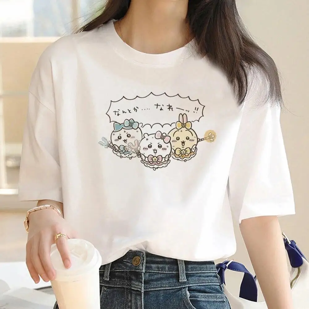Kawaii Chiikawa Drinking Party T‑shirt Hachiware Usagi Kurimanju Cartoon Print Casual Loose Short Sleeve Tee Summer Unisex Tops