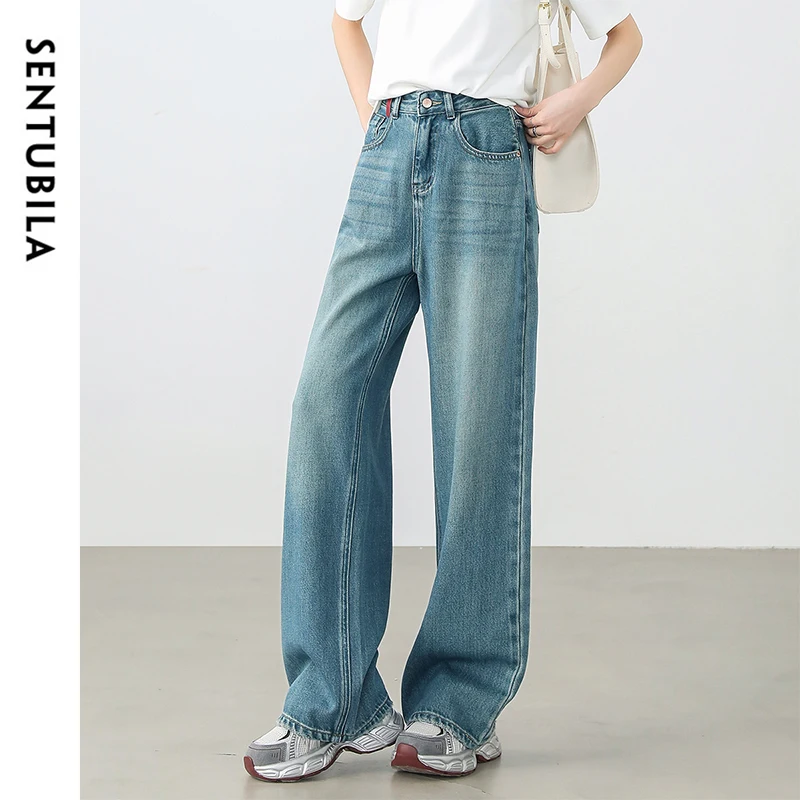 SENTUBILA Womens Cotton Jeans Pants 2025 Spring Fashion Straight Vintage Denim High-waist Full-length Pockets Trousers W51N58827