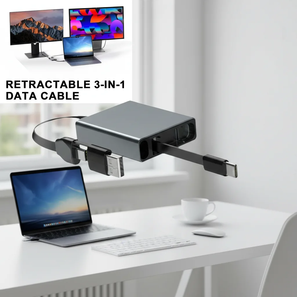 

3-in-1 Data Cable USB Type-C 60W PD Retractable Fast Charging for iPhone Samsung iPad Lenovo Laptops - Durable Charging Solution