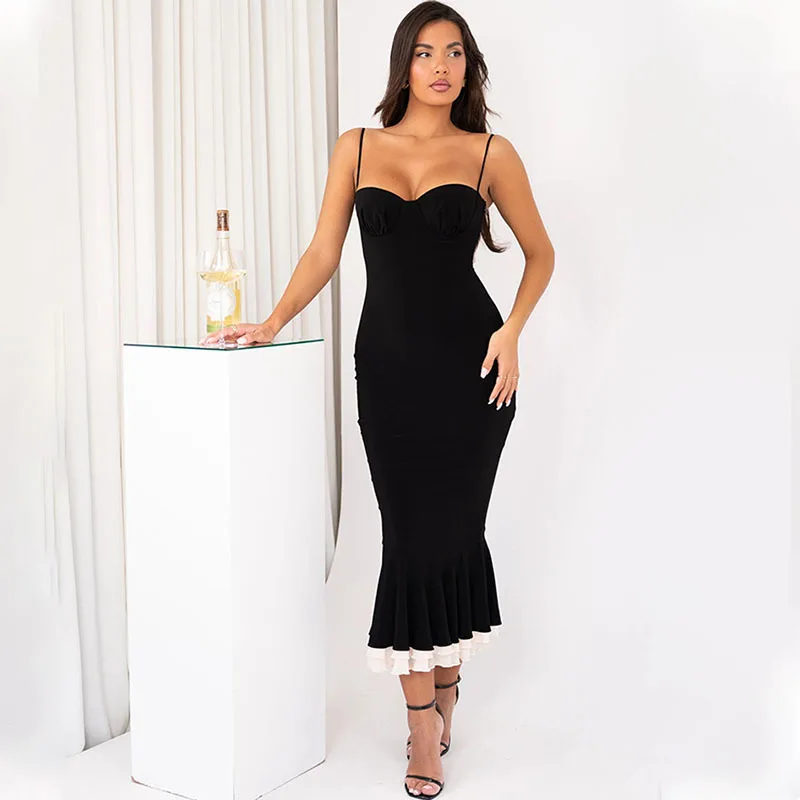 Apprabant Mesh Splicing Pleated Dress Flare Long Sleeved Short Shawl Sleeveless Suspender Strapless Slim And Sexy Fishtail Dress