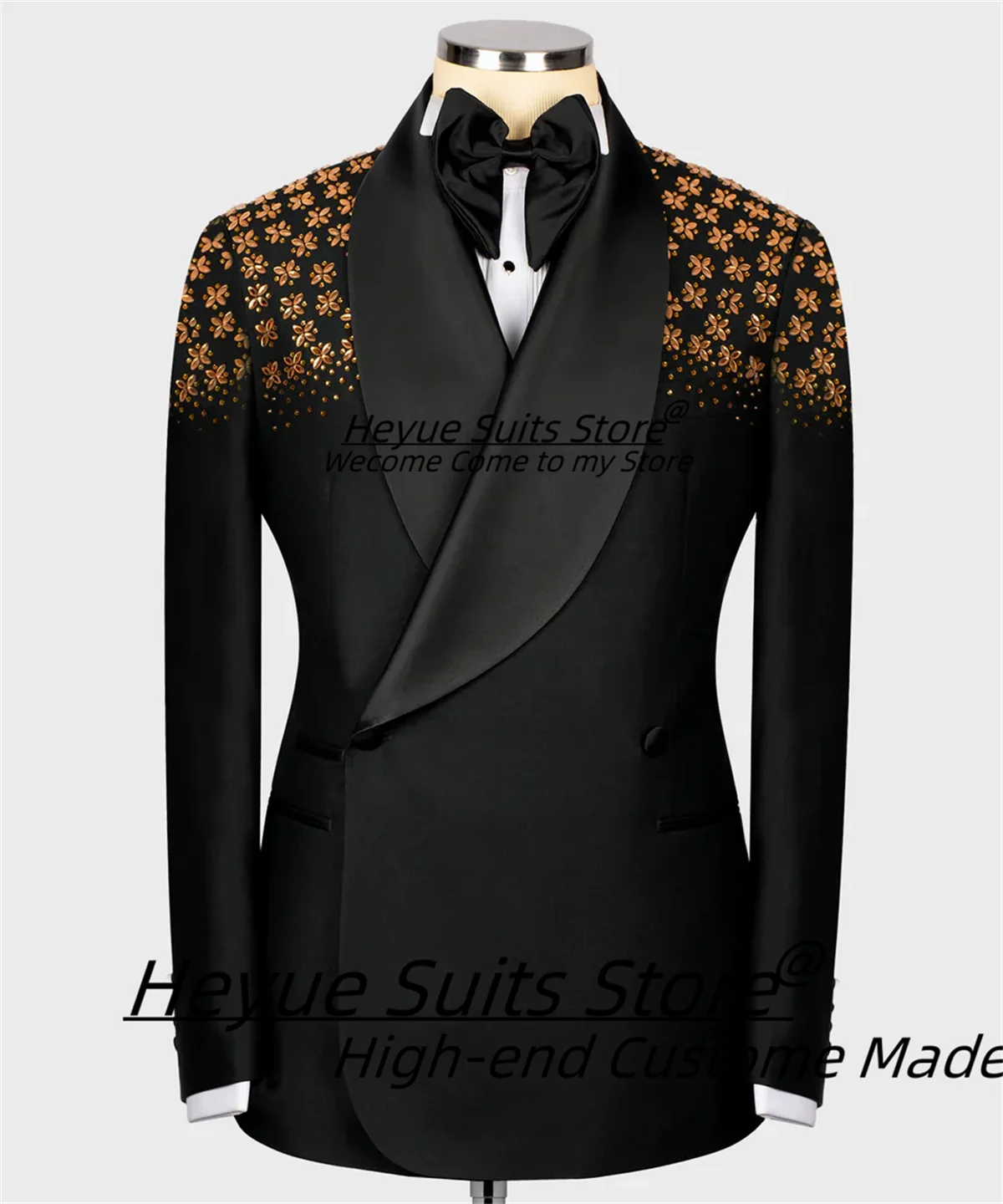 

Luxuly Black Slim Fit Shawl Lapel Groom Wedding Tuxedos Customized Golden Bead Men Suits Elegant 2Pieces Sets trajes para hombre