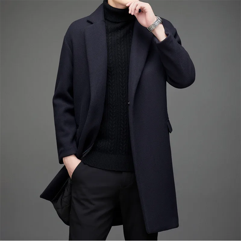 New 2024 Autumn Winter Men's Casual Mid-Length Thicken Woolen Coats Outwear Warm Long Wool Windbreaker Jacket Solid Top Overcoat