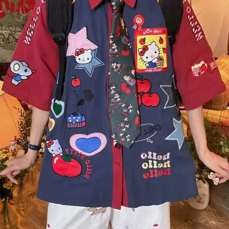 

Американские ретро забавные мультяшные рубашки с короткими рукавами и вышивкой «Hello Kitty» для женщин, летние свободные топы, стиль для пар