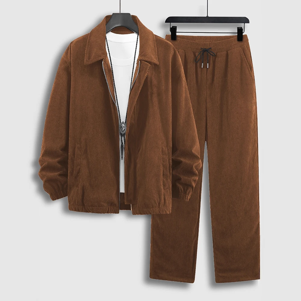 

Men's Casual 2pc Set Corduroy Long Sleeve Zip-Up Jacket+Elastic Waist Drawstring Pants Spring Autumn Thin Outerwear 2Piece Suit
