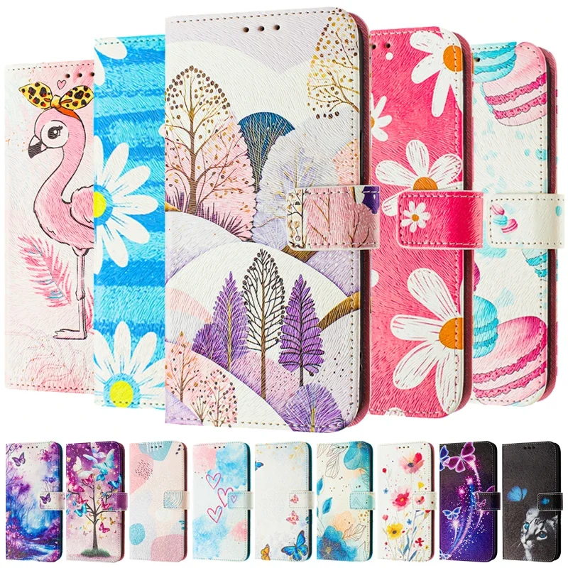 SE4 Leather Phone Case For iPhone SE 2024 3 2 6 S 7 8 Plus XR XS Max X Flip Cover Wallet Magnetic Painted Cases Cat Flower Bear