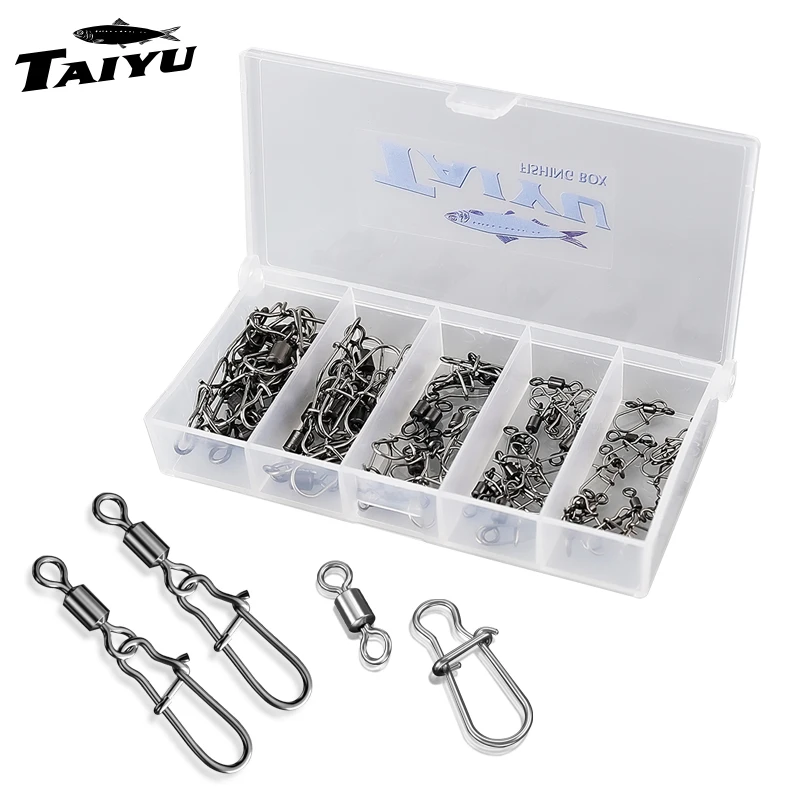 TAIYU 51pcs Fishing Accession Connector Set 2-10# Pin Bearing Rolling Swivel Stainless Steel Swivels Fishhook Lure Fishing Tackl