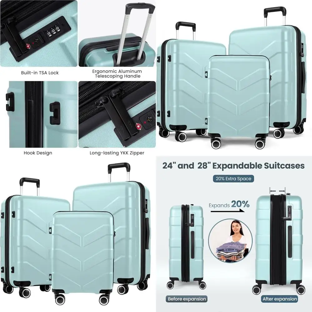 

Набор чемоданов Spinner из 3 предметов с замком TSA, расширяемые твердые чемоданы, легкие дорожные сумки мятно-зеленого цвета для мужчин и женщин
