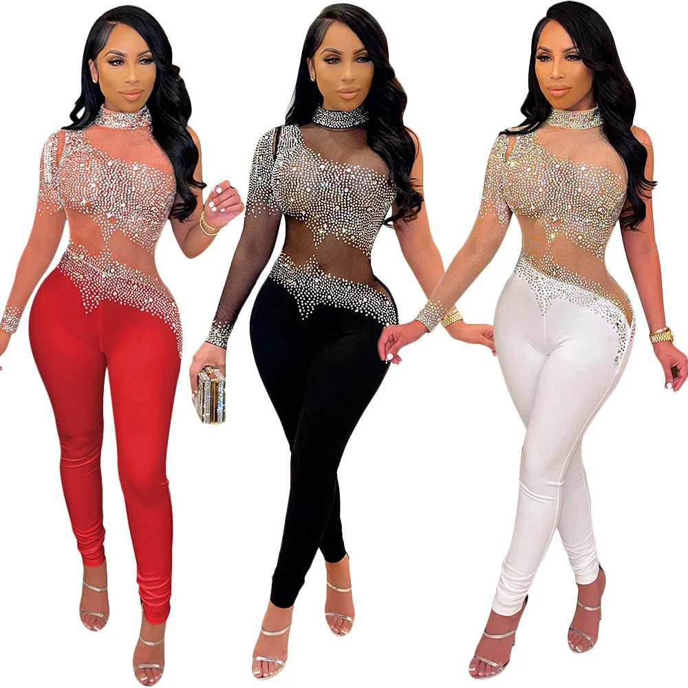 Sexy Party Nightclub Club Sexy Mesh See Through Hot Rhinestone Pants Long Sleeve Jumpsuit