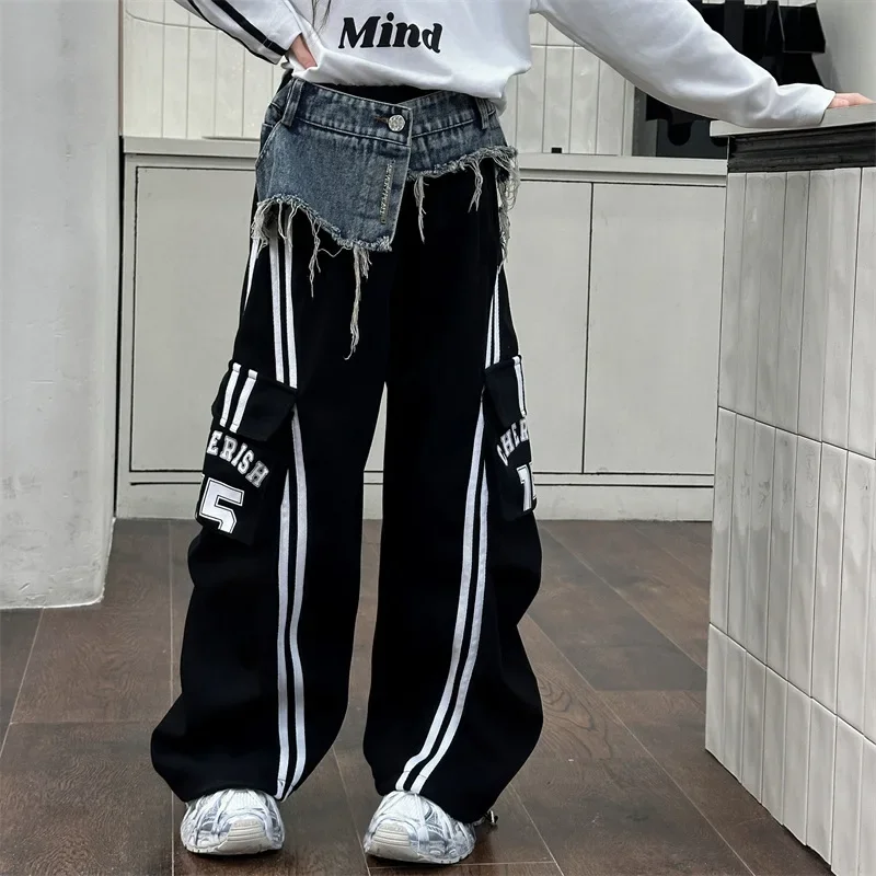 Girls' Street Dance Style Pull up Pants 2024 Autumn/Winter New Style Girls' Hip Hop Style Cowboy Splicing Wide Leg Pants