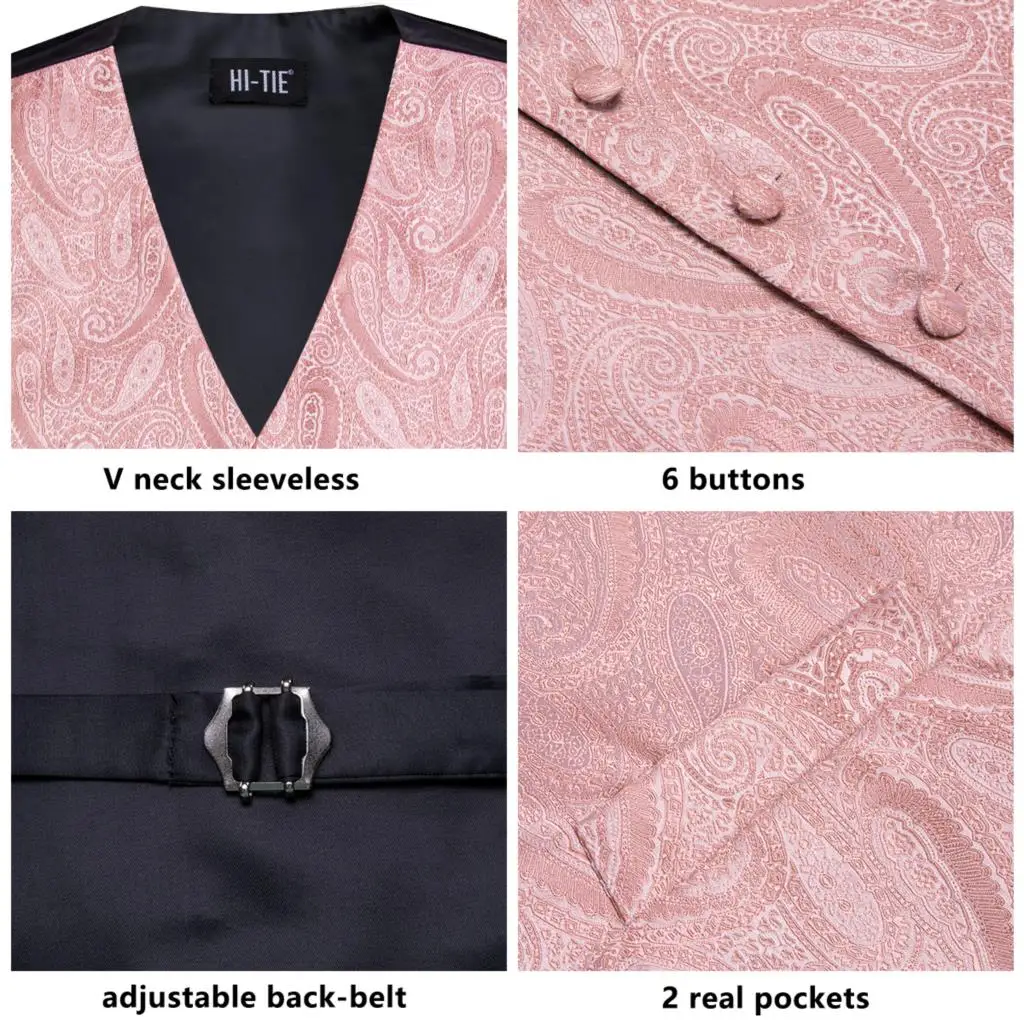 Gilets de mariage rose pêche pour hommes, ensemble de boutons de manchette Hanky et broche, gilet jacquard, Hiky Paisley, affaires formelles imbibées