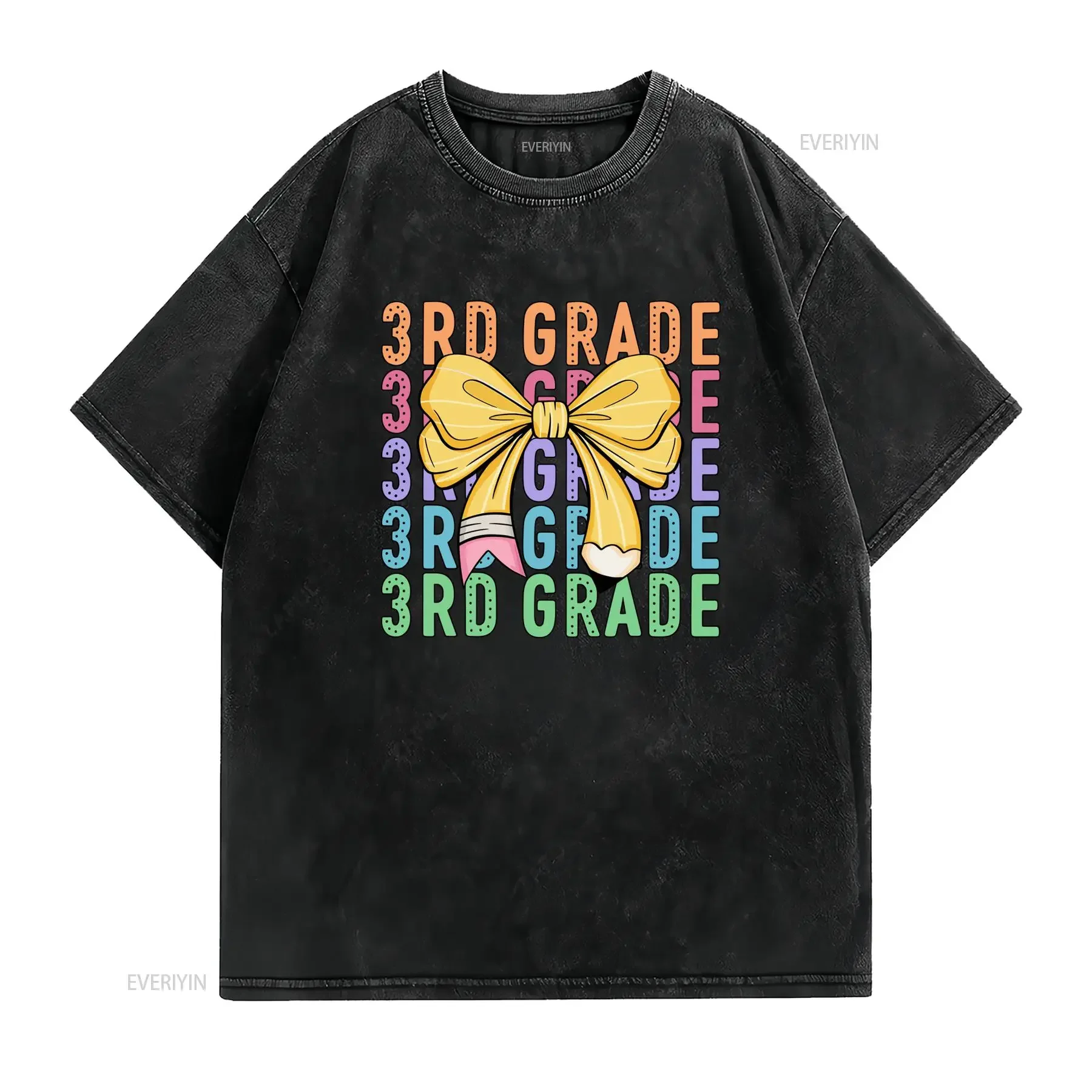 Cute Cartoon 3rd Grade Pencil Bow Back To School Print Casual T Shirt vintage Washed Breathable fashion Comfortable streetwear