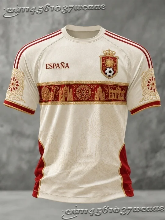 Camiseta de Fútbol de España con Estampado de Arquitectura Histórica Ibérica, Motivos de Adornos Dorados Barrocos, Escudo Personalizado 2026, Camiseta de Fútbol para Fanáticos