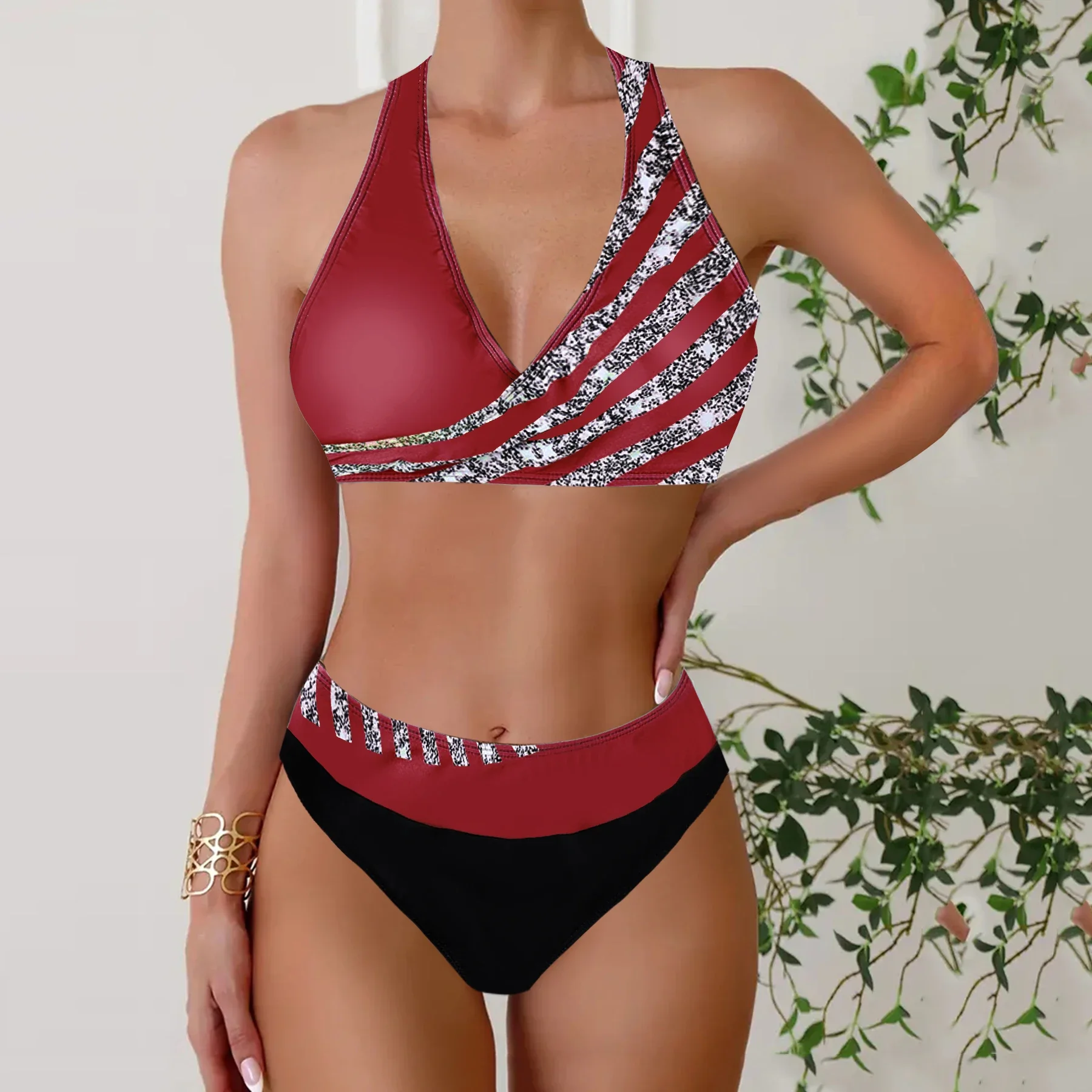 Women's Summer Vacation Tankini Set - High Stretch Crew Neck Swimsuit with Random Print, Knit Fabric 2 Piece Tropical Bikini