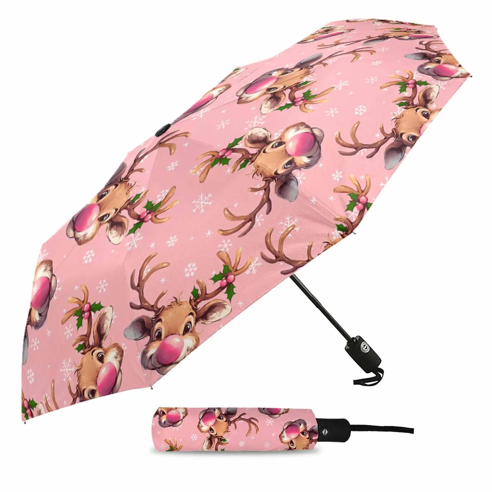 Pink Nosed Reindeer Texture Pink Flower Automatic Umbrella for Rain Foldable Parasol Umbrella Eight strand Outdoor Umbrellas