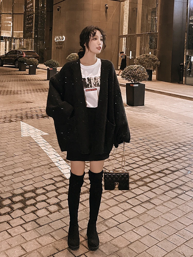 

Женский вязаный свитер, пальто, новинка 2025, осень-зима, свободная верхняя одежда для ленивых, пряжа средней длины, вязаная Ope...