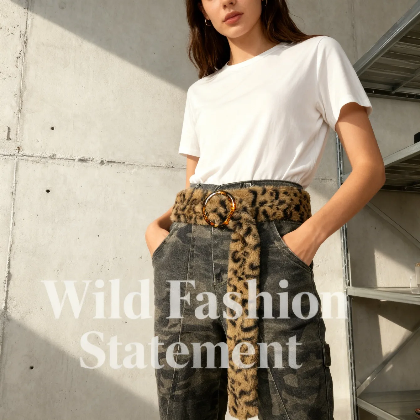 

Меховая петля для ремня в стиле ретро с леопардовым принтом - круглая металлическая пряжка с перфорированным дизайном, модный персонализированный поясной аксессуар