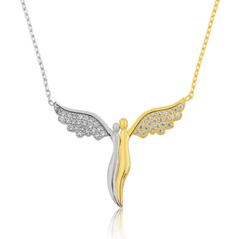 Silver Winged Angels Womens Necklace Stone 925 Sterling Women Fine Jewelry Wedding Party Birthday Gift - Box - Pendant - Chain Choker - Female - Ladies - Fashion