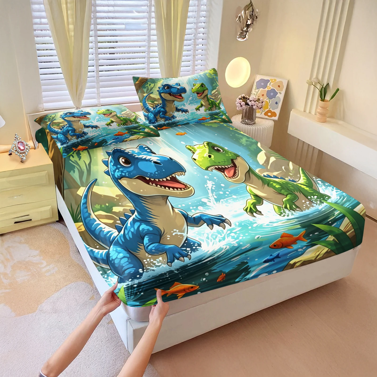 Cartoon Playful Dinosaur Fitted Sheet Set Elastic Deep‑Pocket Bed Sheet with Pillowcases Tyrannosaurus Rex Print Bedding Set