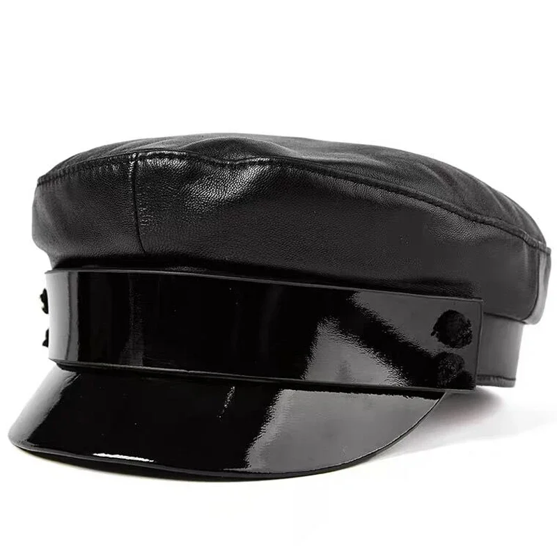 Women/Men Genuine Leather Army Hat 2025 New Style Girls Real Sheepskin Student School Flat Caps Hats Cool Army Hats for Men