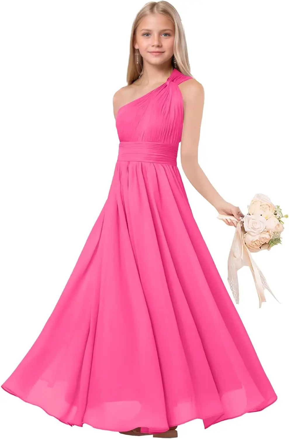 A-Linie One-Shoulder-Kleider für junge Brautjungfern, plissiertes Chiffon-Blumenmädchenkleid für die Hochzeit, Festzugskleid für Teenager-Mädchen