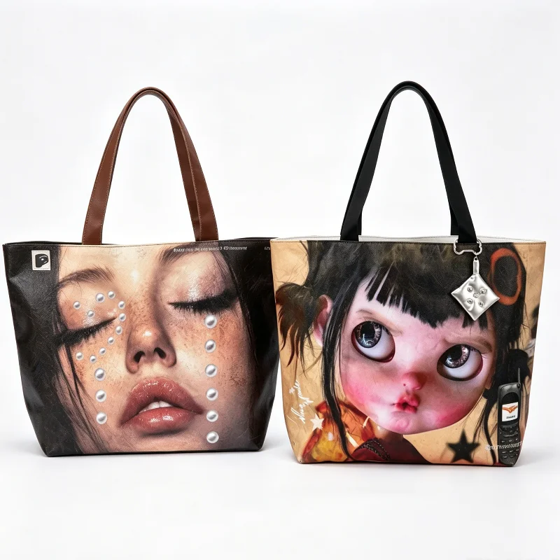 

European American Portrait Pattern Shoulder Bag Y2k Creative Fashion Large Capacity Handbag New Women Casual Versatile Tote Bag
