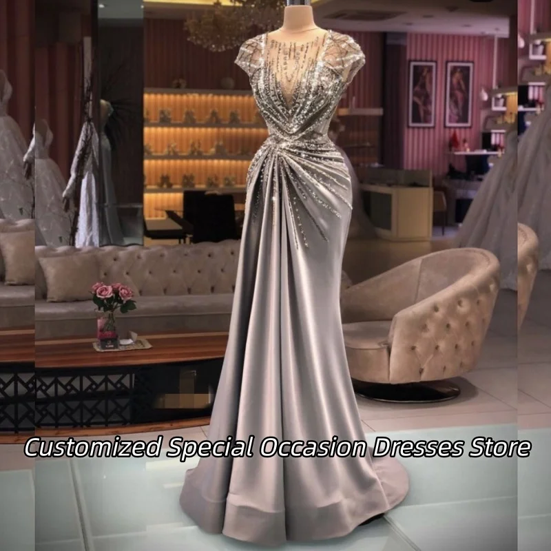

Grey Short Sleeves Crew Evening Dresses Luxury Beaded Applique Long Mermaid Wedding Party Dress Prom Gowns For Women Customized