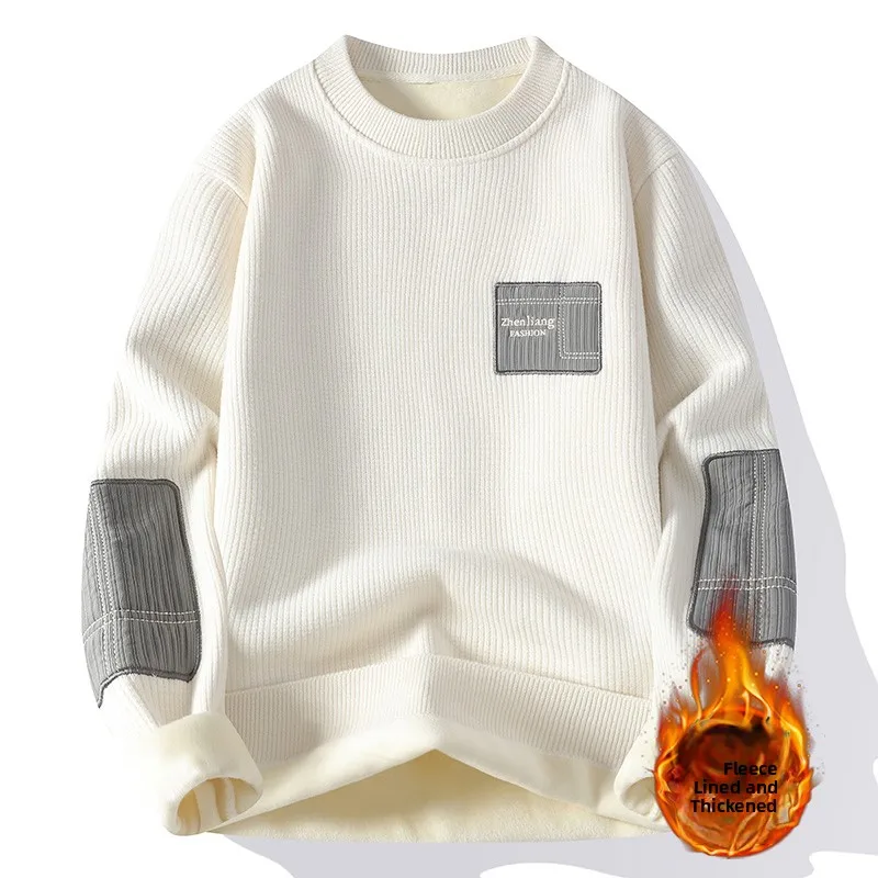 

Мужской зимний утепленный вязаный свитер с круглым вырезом, американский пэчворк-дизайн, комфортный, теплый, цельный, бархатный
