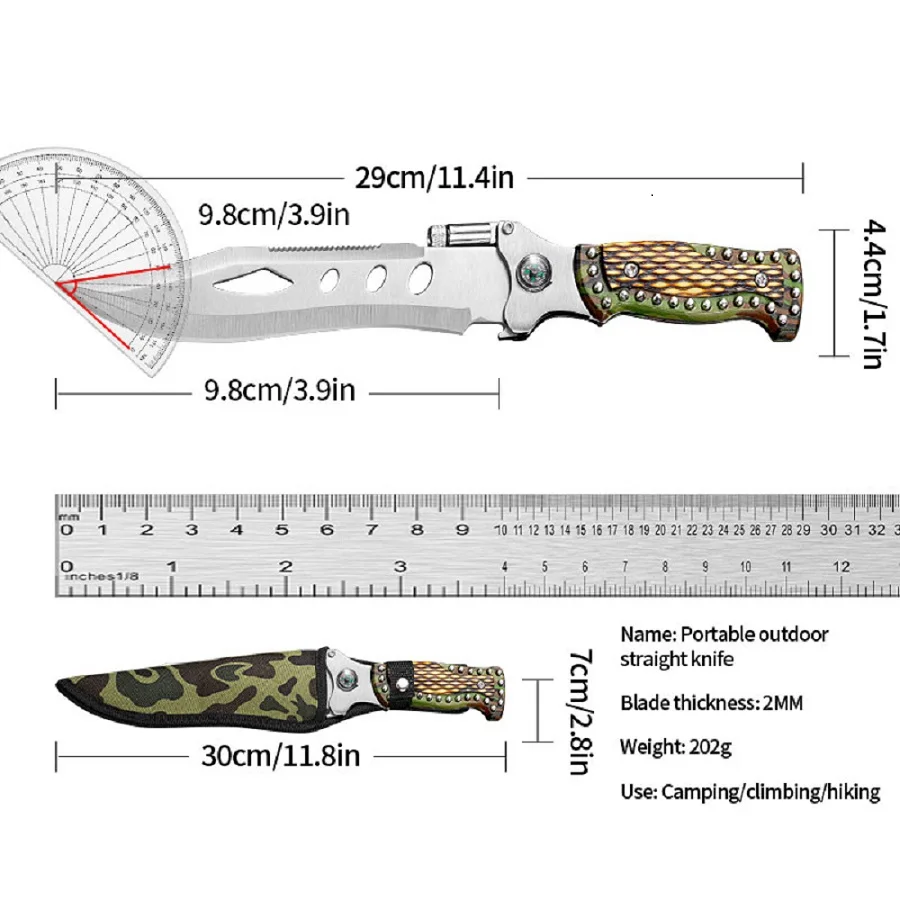 With Emergency Light Compass Field Survival Knife, High Hardness Hunting Knife, EDC Fixed Blade, Self-Defense Knife