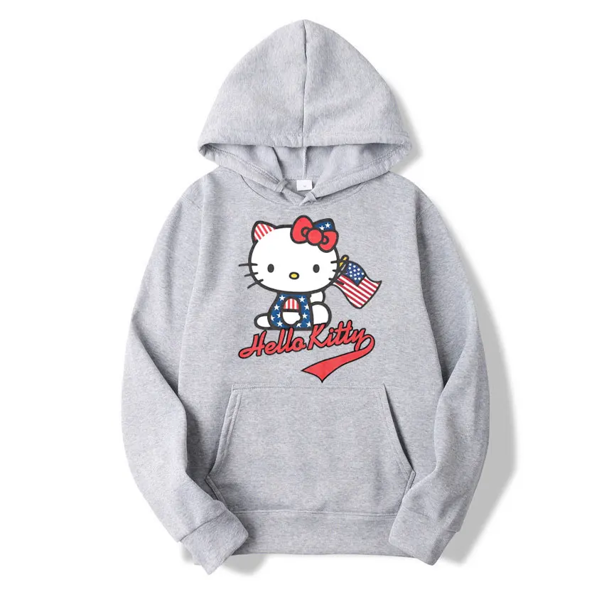 Gray Hello Kitty Men Hoodie Cartoon Anime Fashion Women Oversized Sweatshirt Tops Spring Autumn Couple Pullover Clothing