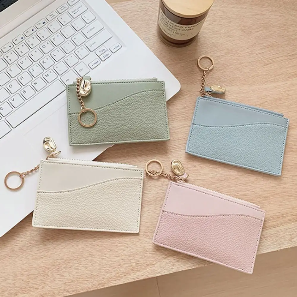 

Retro Korean Style Thin Card Bag Solid Color with Key Chain Mini Wallet Card Holder PU Zipper Coin Purse Men