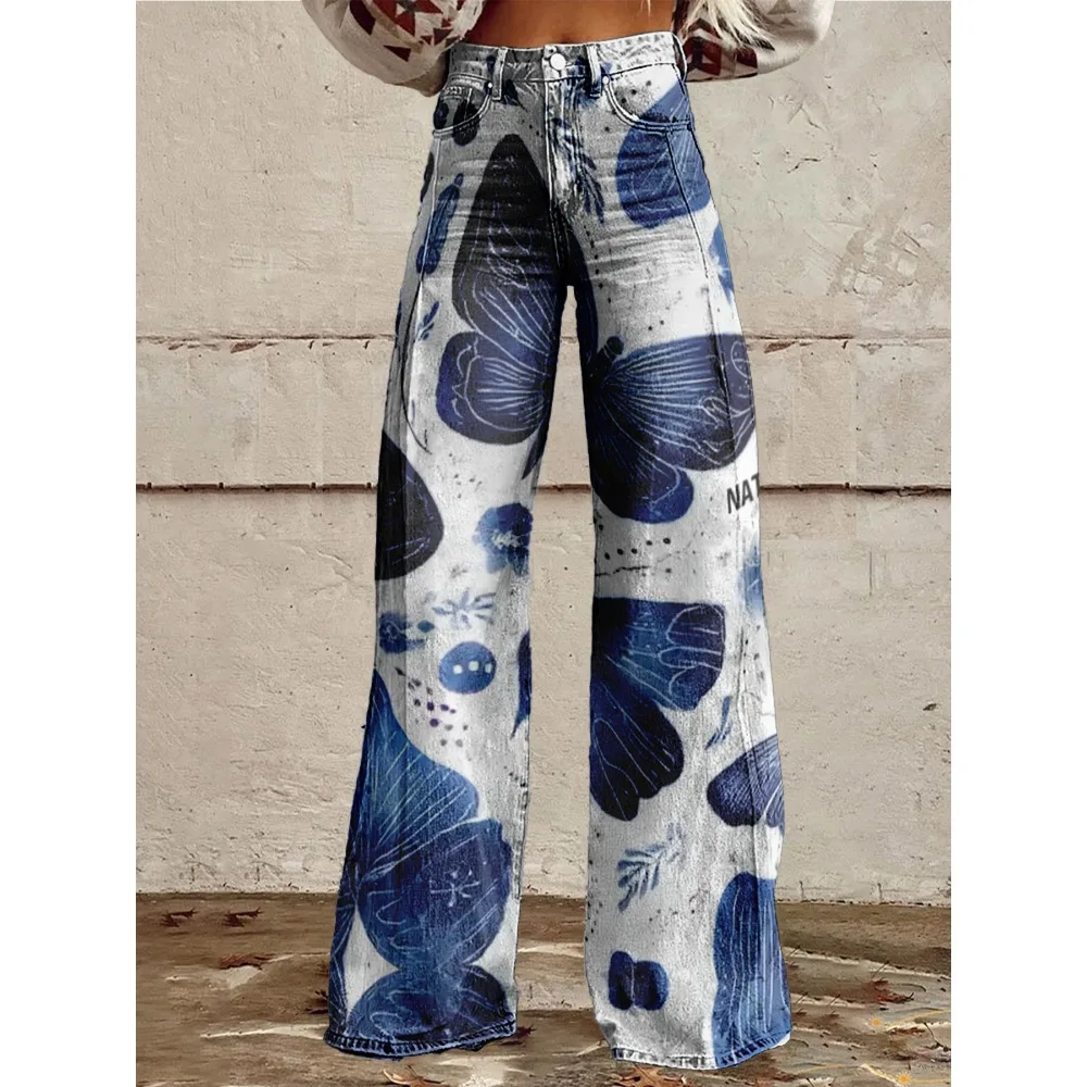  بنطال نسائي واسع الساق بطبعة فراشة زرقاء، سروال مثير عالي الخصر، ملابس شارع فنية غير رسمية التسعينيات Y2K بنطال الموضة خمر #1