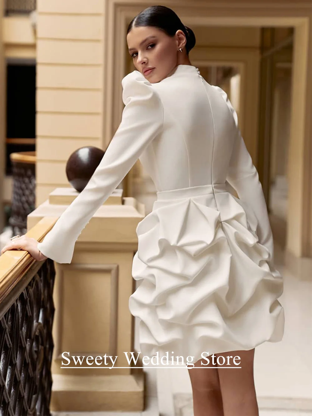 Mini Lady Wedding Dresses Customized High Neck Full Sleeves Pearls Ruffles Skirt Short Civil Bridal Gown Dubai Marriage Dress