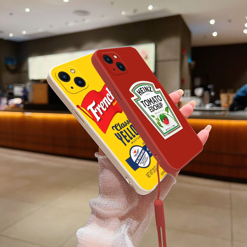 Fashion H-Heinz Tomatos Ketchup mustard Phone Case For iPhone 15 14 13 12 11 Pro Max X XR 8 Plus Silicone Cases with Hand Strap