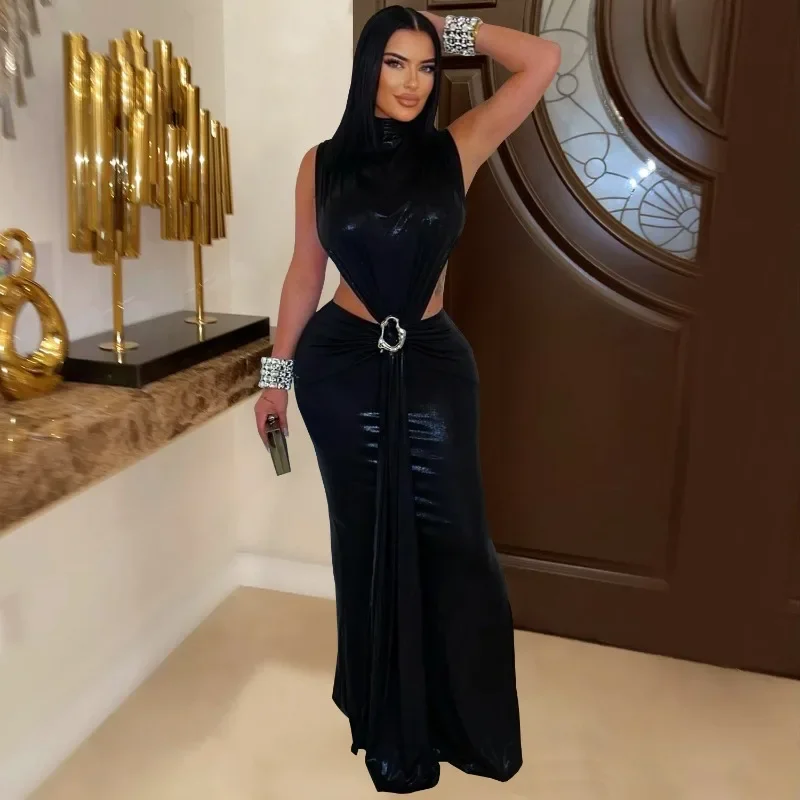 GUWU Frauen Vergoldung Ärmelloses Cut Out Bodycon Midi Maxi Langes Kleid 2025, Sommer Strand Urlaub Sexy Party Geburtstag Kleider