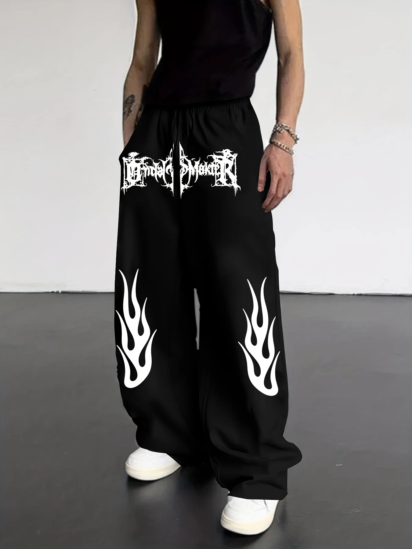 High Street Flame Graphic Print Men Straight Sweatpants Elastic Waist Drawstring Soft Loose Street Daily Casual Long Pants S-5XL