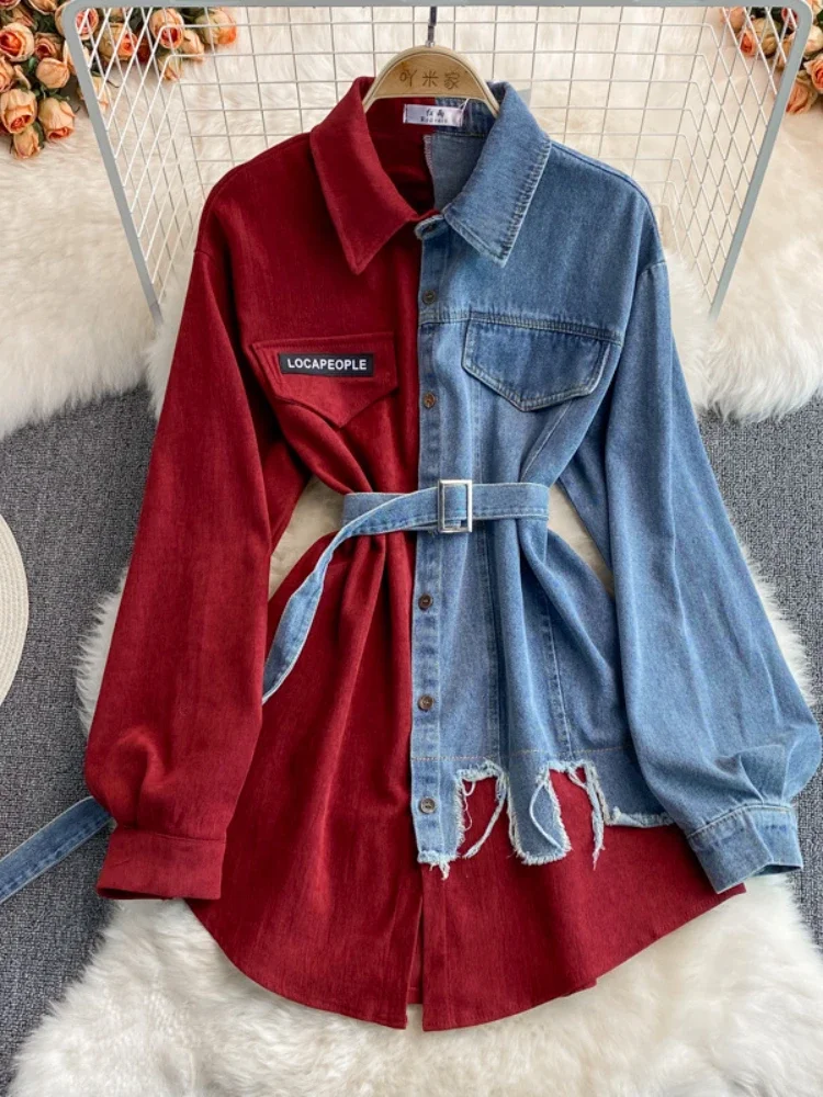 Women\'s Blouse Spring Denim Patchwork Corduroy Lapel Dress Korean Fashion Waist Irregular Medium Length Dresses New Women Shirt