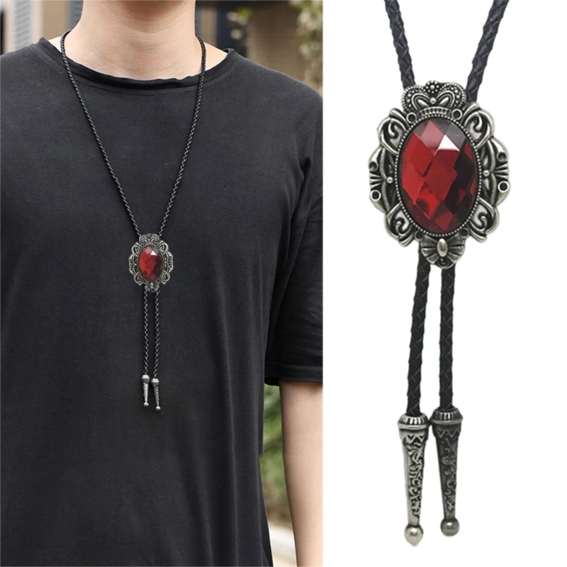 Bolo Tie Necktie Artificial Leather Braided Rope Necklace with Antique Crystal Pendant Jewelry Cowboy American Neckwear