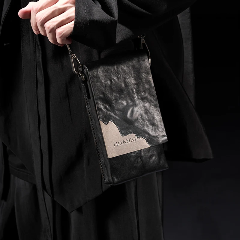 Original Design Metal Spliced Vegetable Tanned Top Grain Cowhide Leather Unisex Crossbody Phone Sling Bag - Single Shoulder Bag